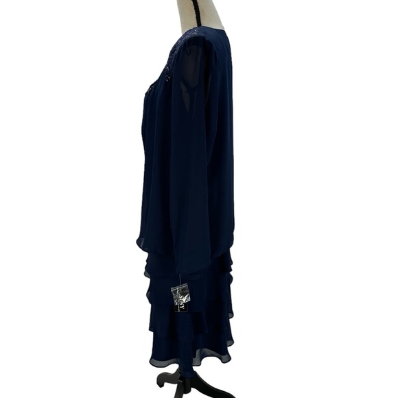 SLNY Sleeveless Tiered Midi Dress Sheer Long Sleeve Jacket - Navy Blue - size 12 - Picture 7 of 12